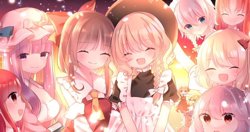 hakurei reimu, kirisame marisa, remilia scarlet, flandre scarlet, izayoi sakuya, and 5 more (touhou and 1 more) drawn by cacao_(cacaomgmg)