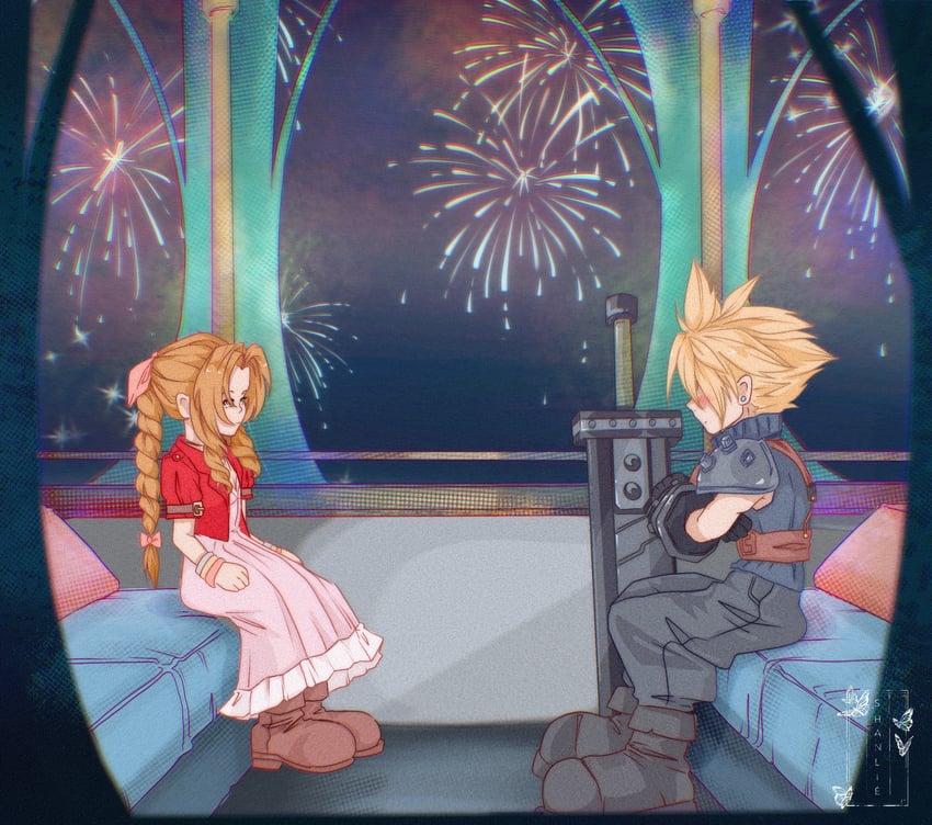 cloud strife and aerith gainsborough (final fantasy and 2 more) drawn by shanlieart
