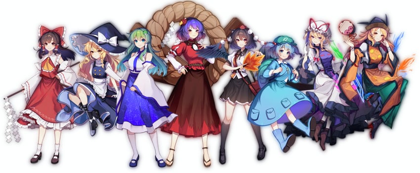 hakurei reimu, kirisame marisa, kochiya sanae, yakumo yukari, shameimaru aya, and 3 more (touhou) drawn by yinco
