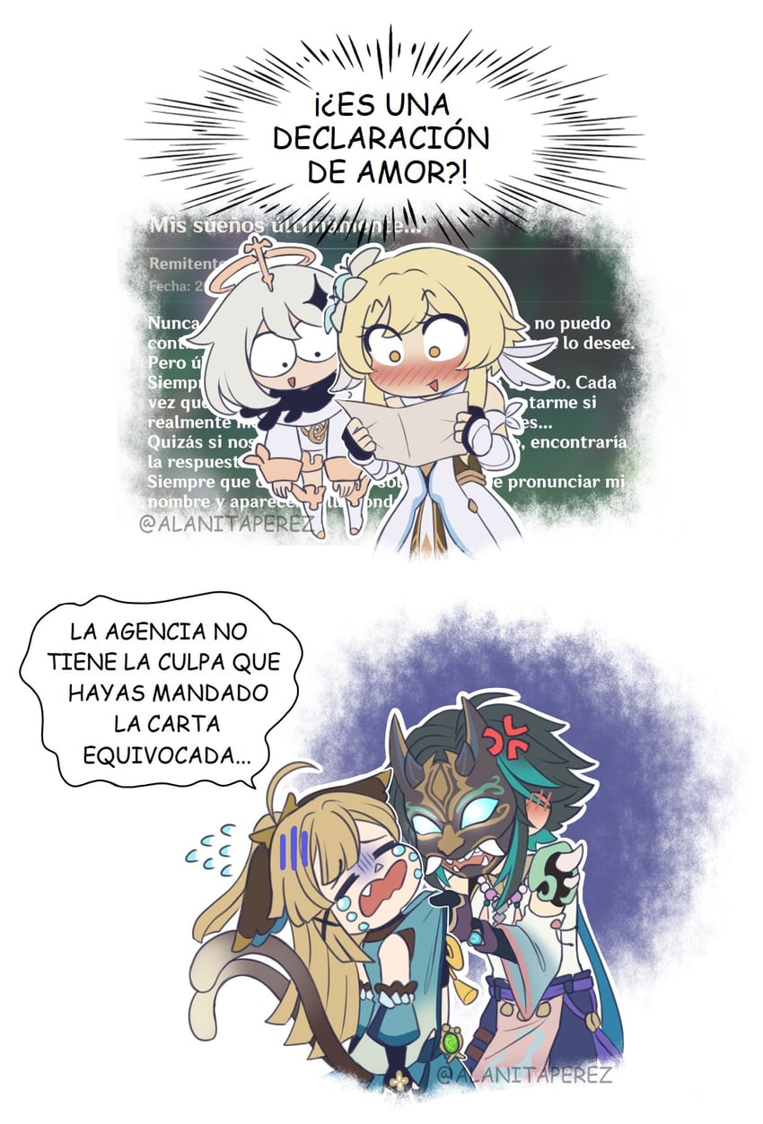 lumine, paimon, xiao, and kirara (genshin impact) drawn by alanitaperez