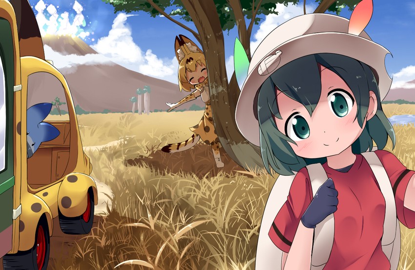 serval, kaban, and lucky beast (kemono friends) drawn by makuran