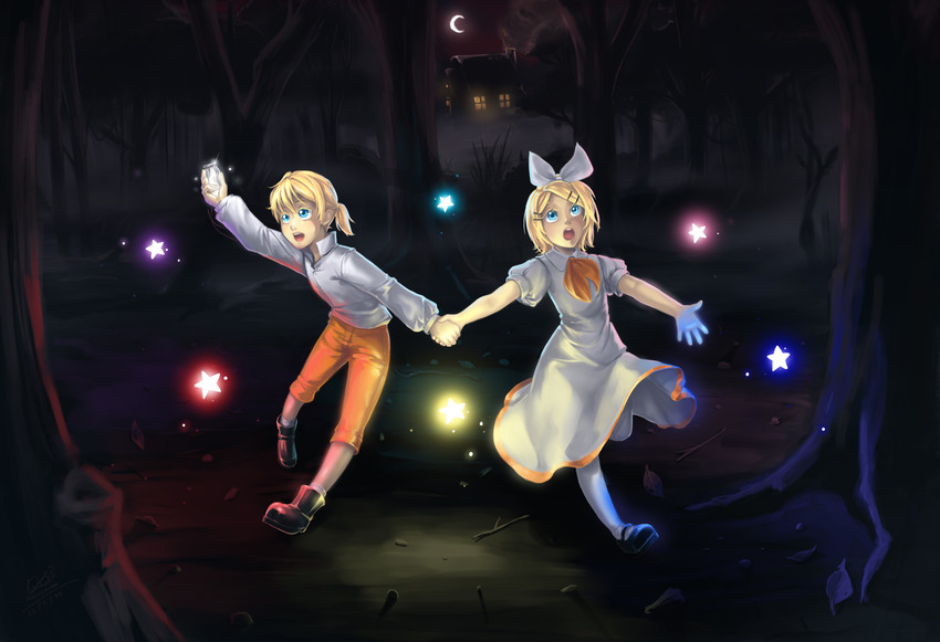 kagamine rin, kagamine len, gretel, and hansel (vocaloid and 2 more) drawn by doblemjwn