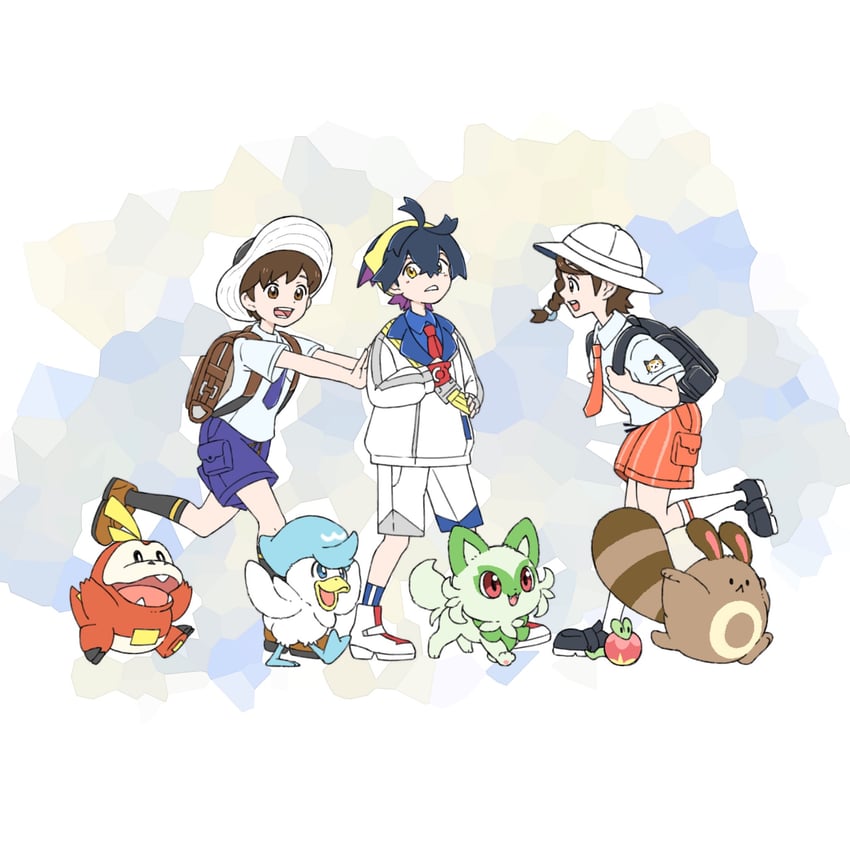 kieran, juliana, florian, sprigatito, fuecoco, and 3 more (pokemon and 1 more) drawn by h1na3