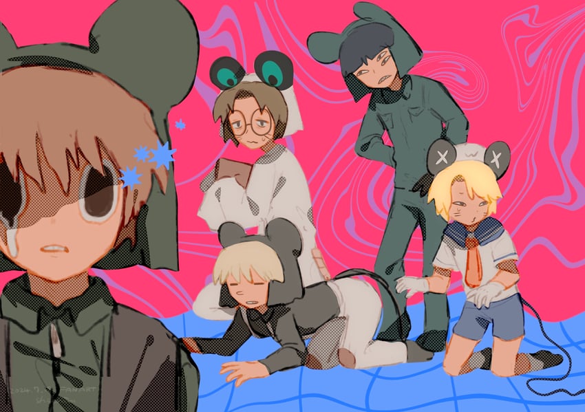present day problem takeuchi robert, kinder surprised michael jr., ratman 4, ratman 3, and ratman 5 (randal's friends) drawn by shieriru