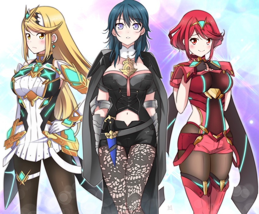 pyra, female byleth, and mythra (fire emblem and 4 more) drawn by zero-theme