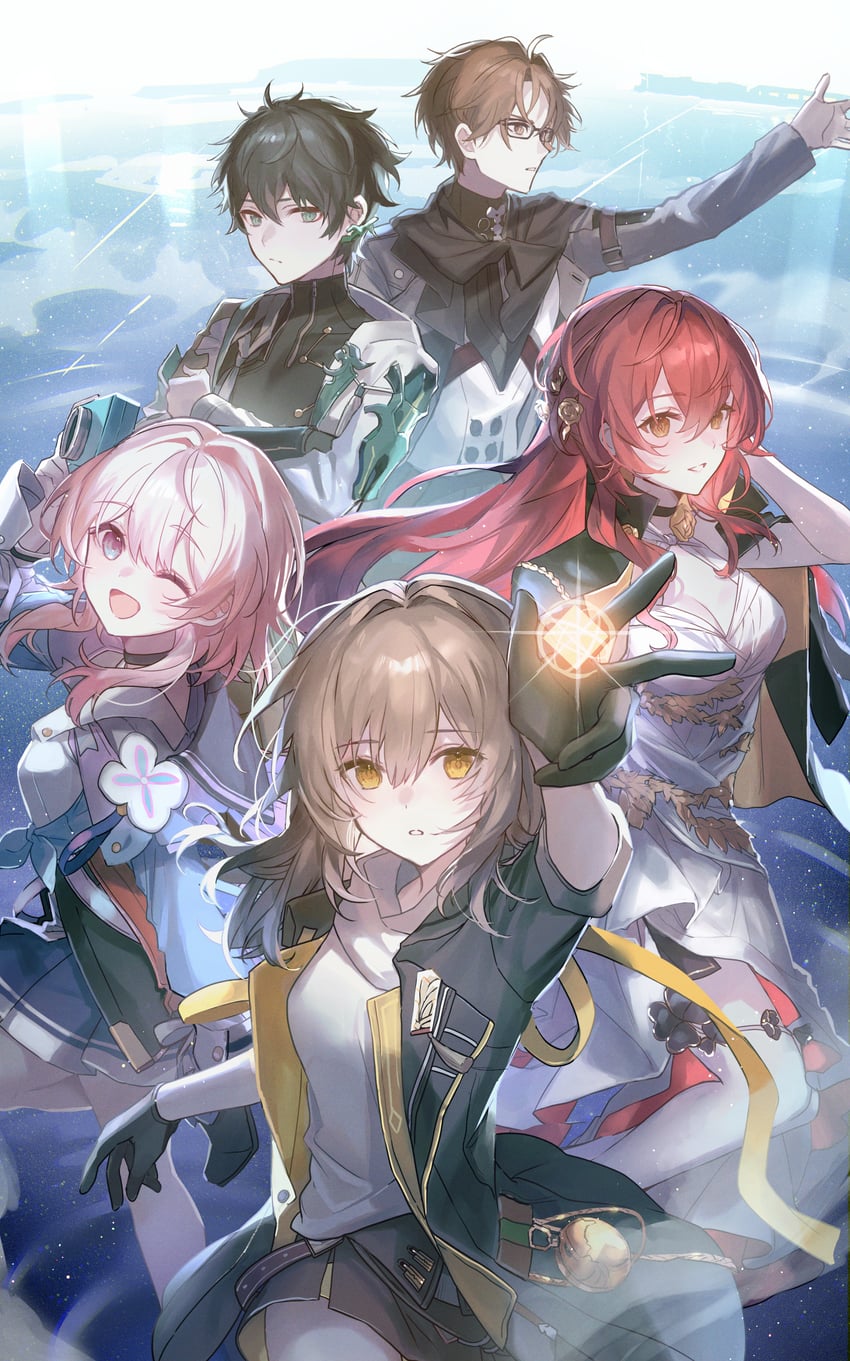trailblazer, stelle, march 7th, dan heng, himeko, and 1 more (honkai and 1 more) drawn by oyuyu