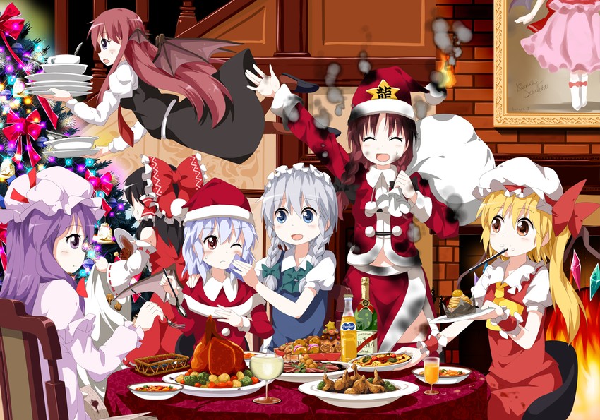 hakurei reimu, remilia scarlet, flandre scarlet, izayoi sakuya, patchouli knowledge, and 2 more (touhou) drawn by ruu_(tksymkw)
