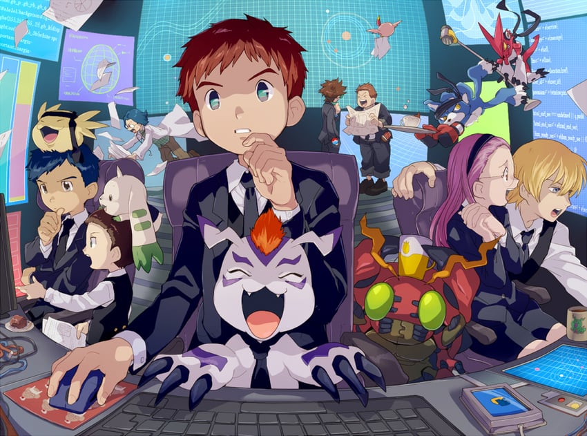 yagami taichi, izumi koshiro, terriermon, kido jo, gomamon, and 13 more (digimon and 7 more) drawn by t_k_g