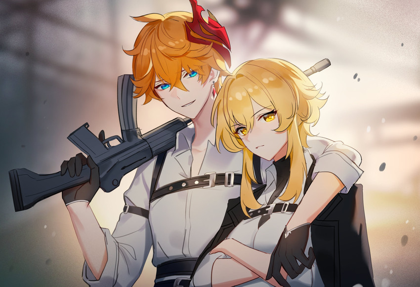 lumine and tartaglia (genshin impact) drawn by meuni_07