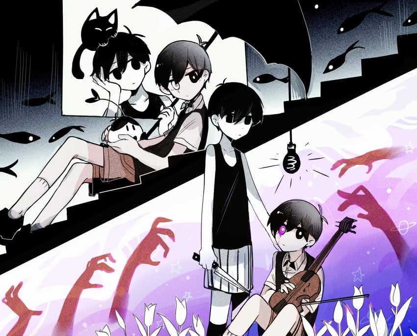 sunny, omori, mewo, and omoli (omori) drawn by aislan