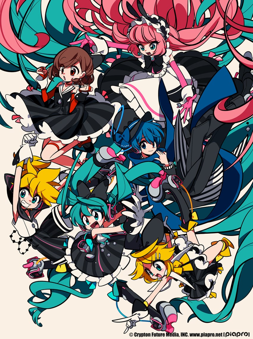 hatsune miku, kagamine rin, kagamine len, megurine luka, kaito, and 7 more (vocaloid and 1 more) drawn by sameyama_jiro