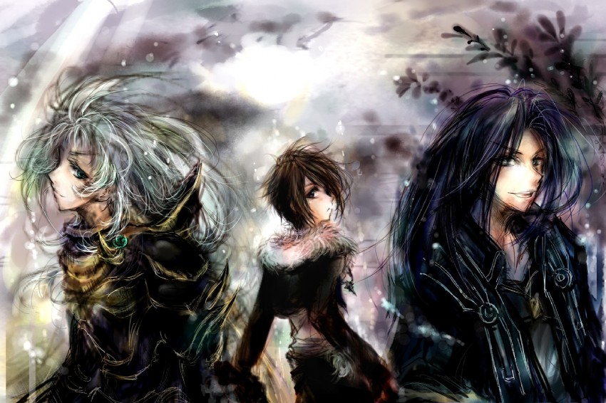 squall leonhart, warrior of light, and laguna loire (final fantasy and 3 more) drawn by sora-pika