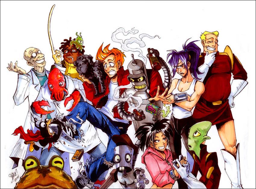bender bending rodriguez, philip j fry, turanga leela, amy wong, john a zoidberg, and 9 more (futurama) drawn by nina_matsumoto