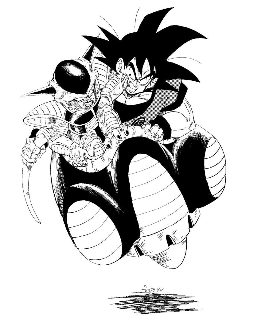 son goku, frieza, and 1st form frieza (dragon ball and 1 more) drawn by fenyon