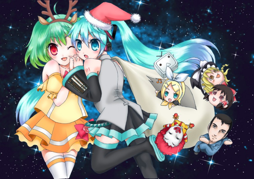 hatsune miku, hakurei reimu, kirisame marisa, kagamine rin, ranka lee, and 2 more (touhou and 5 more) drawn by tammy_(0901)