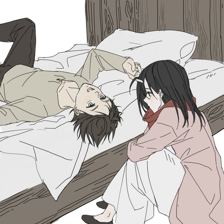 mikasa ackerman and eren yeager (shingeki no kyojin) drawn by zhuse_fuxianqing