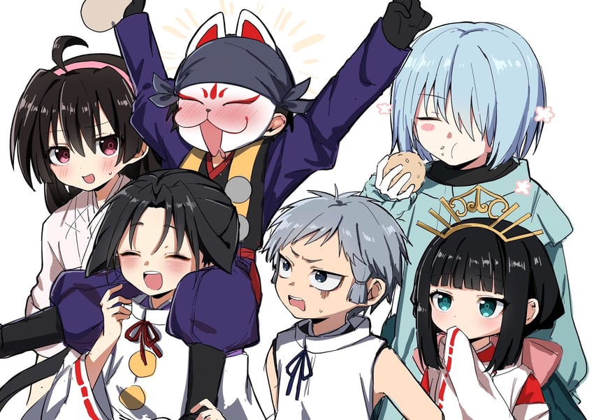 houjou tokiyuki, mochizuki ayako, shizuku, fubuki, kazama genba, and 1 more (nige jouzu no wakagimi) drawn by osusiuma0026