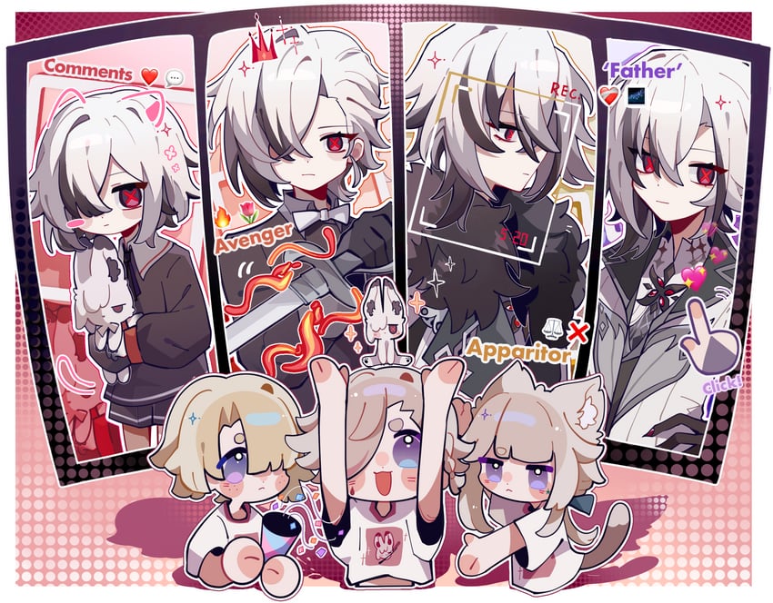 arlecchino, lynette, lyney, freminet, and peruere (genshin impact) drawn by axue