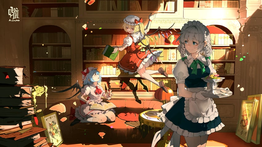 hakurei reimu, kirisame marisa, remilia scarlet, flandre scarlet, izayoi sakuya, and 1 more (touhou) drawn by ming_qi_bibi