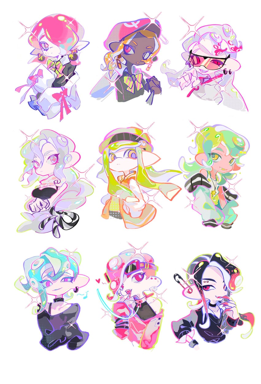 inkling player character, inkling girl, octoling player character, and octoling girl (splatoon) drawn by xiaoyunatie