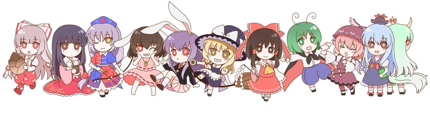 hakurei reimu, kirisame marisa, reisen udongein inaba, fujiwara no mokou, kamishirasawa keine, and 6 more (touhou and 1 more) drawn by utako_(kuromosuki)