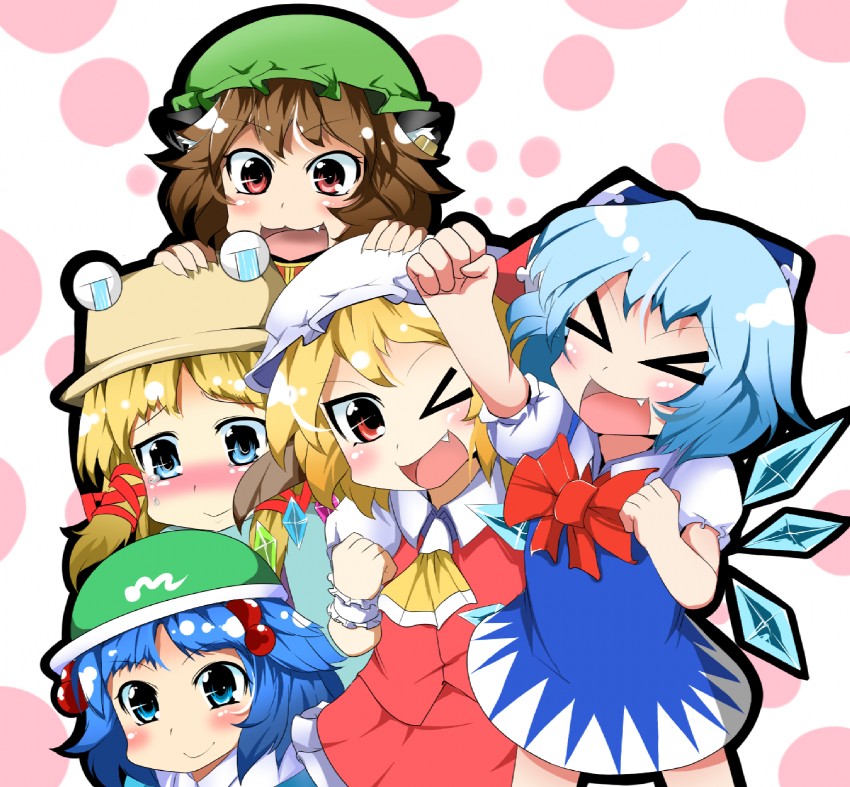 flandre scarlet, cirno, moriya suwako, chen, kawashiro nitori, and 1 more (touhou) drawn by oriennto