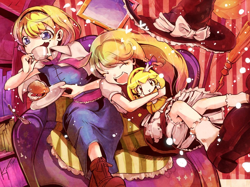 kirisame marisa, alice margatroid, and cure peace (touhou and 2 more) drawn by jakkun