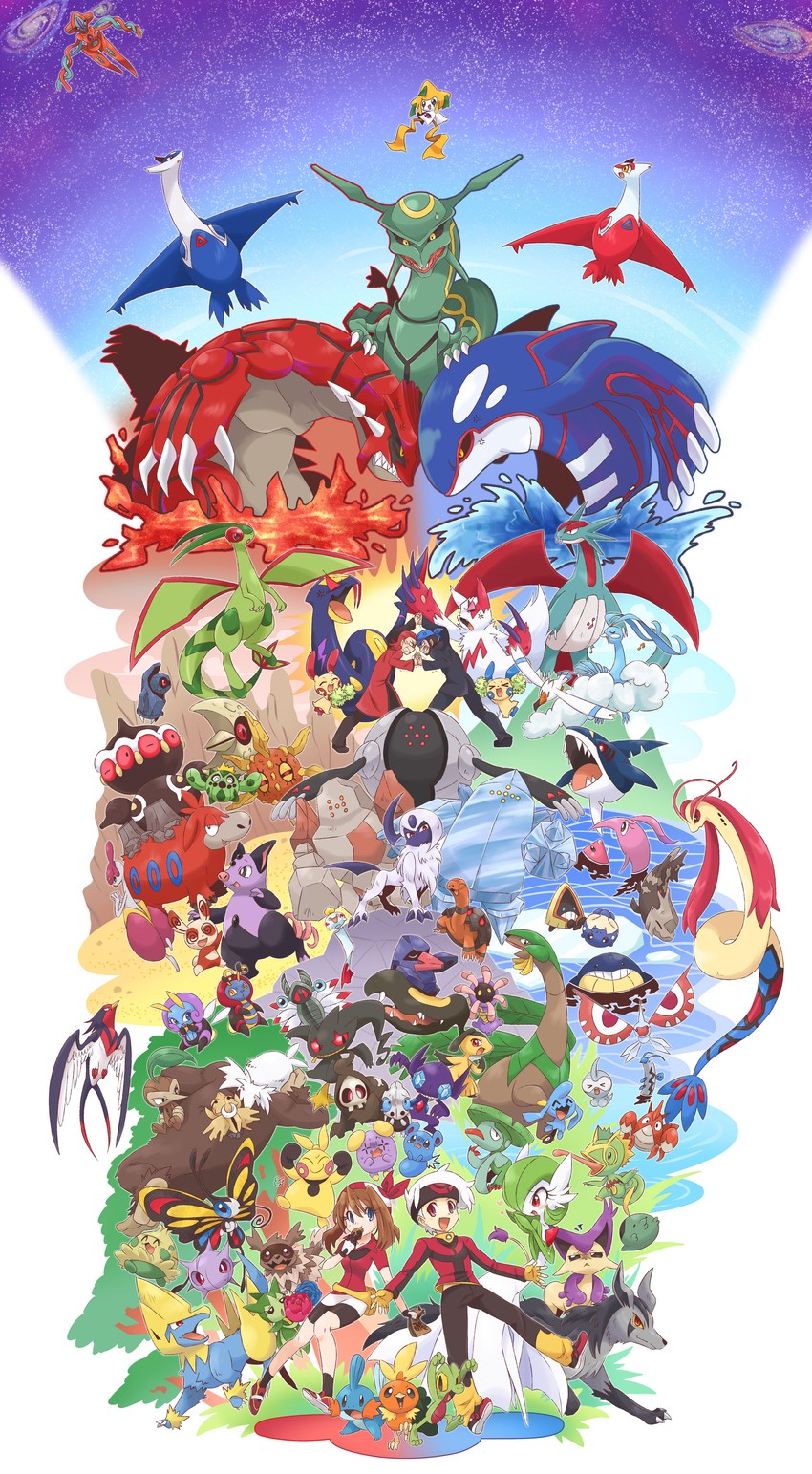 gardevoir, may, brendan, jirachi, torchic, and 76 more (pokemon and 1 more) drawn by bano_akira