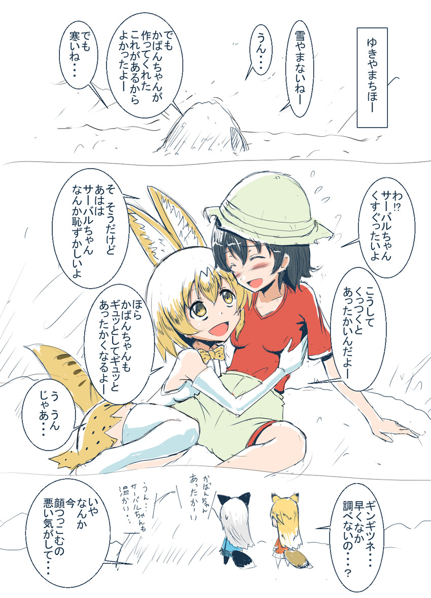 serval, kaban, silver fox, and ezo red fox (kemono friends) drawn by taireru