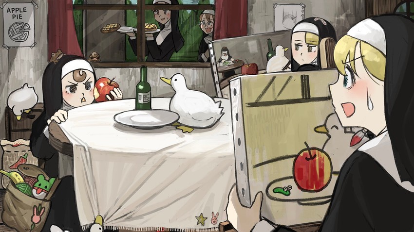 clumsy nun, froggy nun, spicy nun, glasses nun, and hungry nun (little nuns) drawn by diva_(hyxpk)
