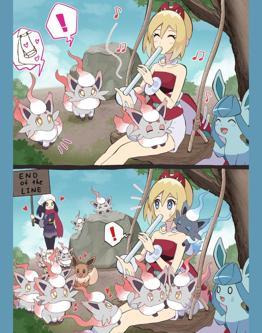 eevee, akari, glaceon, irida, and hisuian zorua (pokemon and 1 more) drawn by haru_(haruxxe)