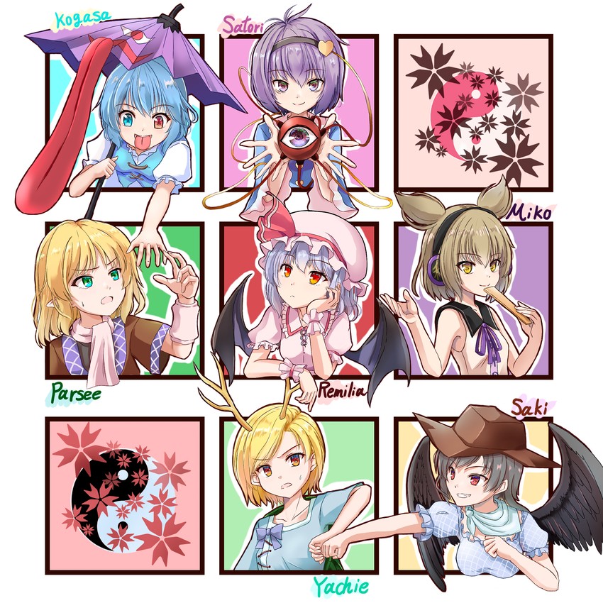 remilia scarlet, komeiji satori, tatara kogasa, mizuhashi parsee, toyosatomimi no miko, and 2 more (touhou) drawn by kachuten