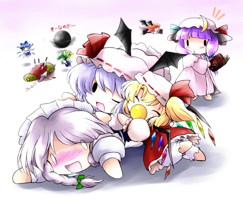 remilia scarlet, flandre scarlet, izayoi sakuya, cirno, patchouli knowledge, and 4 more (touhou and 1 more) drawn by yume_shokunin