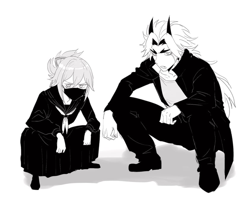 kuki shinobu and arataki itto (genshin impact) drawn by sbs