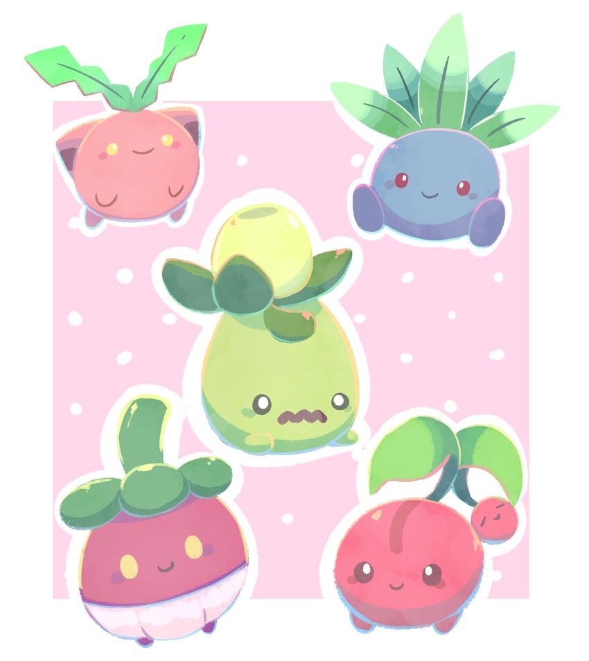 oddish, hoppip, bounsweet, smoliv, and cherubi (pokemon) drawn by aquabluu