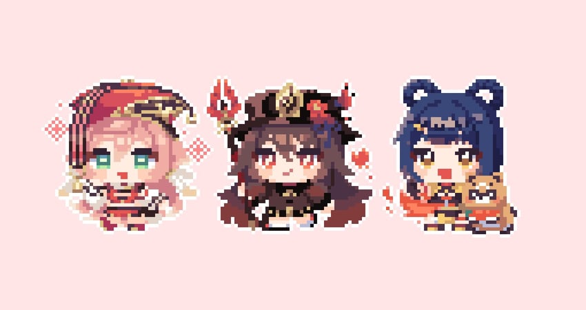 hu tao, yanfei, xiangling, and guoba (genshin impact) drawn by marutaruuu