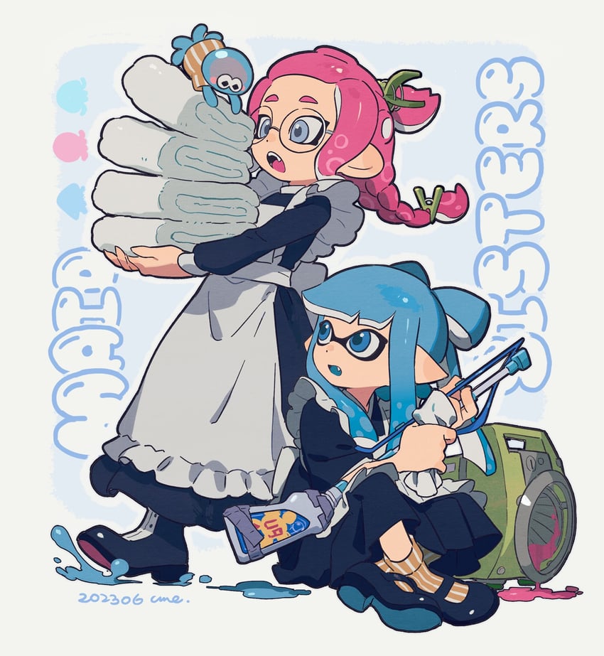 inkling player character, inkling girl, octoling player character, octoling girl, and jellyfish (splatoon) drawn by uumemeorg