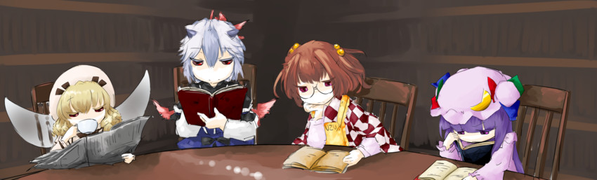 patchouli knowledge, motoori kosuzu, luna child, and tokiko (touhou) drawn by yaise