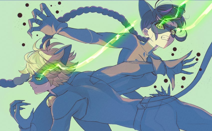 marinette dupain-cheng, adrien agreste, chat noir, and lady noir (miraculous ladybug) drawn by seio_(nao_miragggcc45)