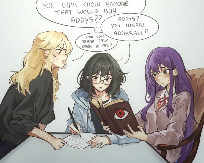 yuri, emily, and karen (doki doki literature club and 1 more) drawn by krissywaffles