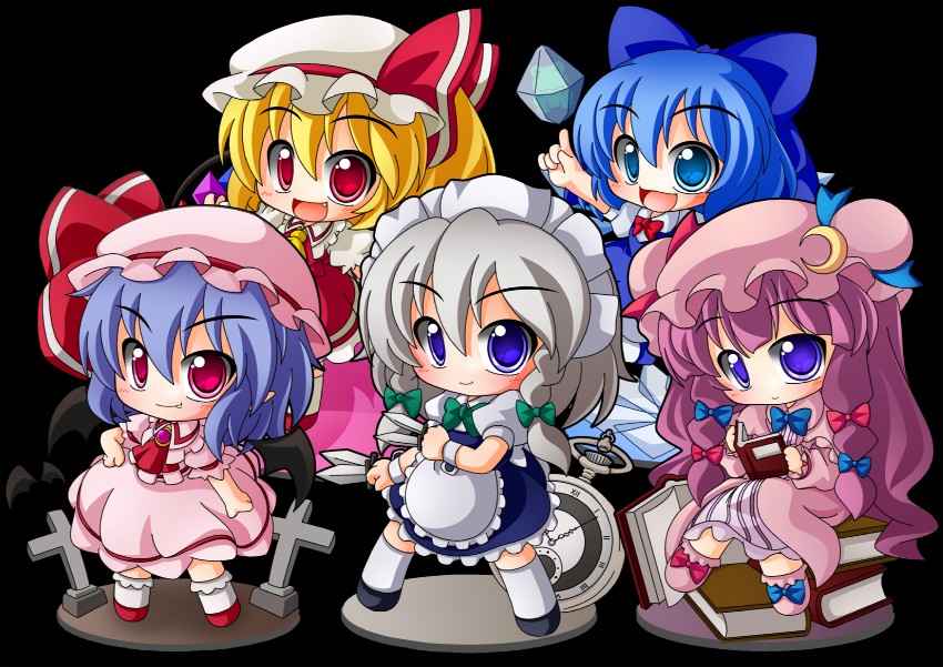 remilia scarlet, flandre scarlet, izayoi sakuya, cirno, and patchouli knowledge (touhou) drawn by shinjitsu