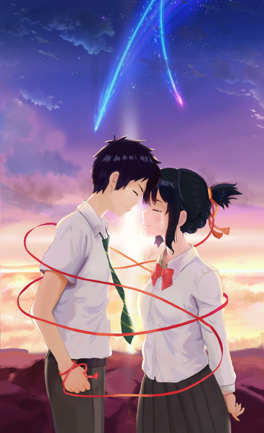 miyamizu mitsuha and tachibana taki (kimi no na wa.) drawn by kuku_(piazet1523)