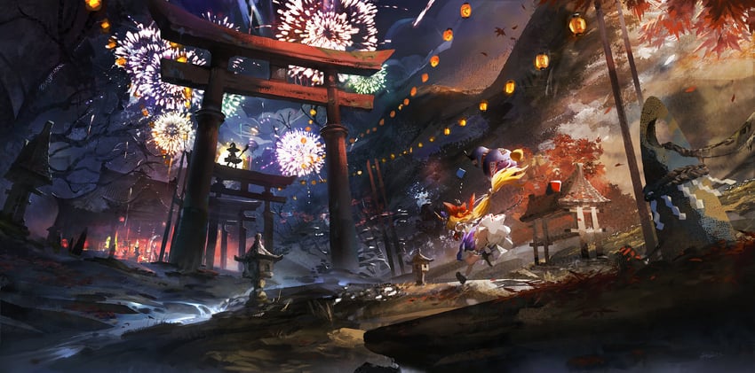 hakurei reimu, kirisame marisa, cirno, reisen udongein inaba, ibuki suika, and 1 more (touhou) drawn by stu_dts