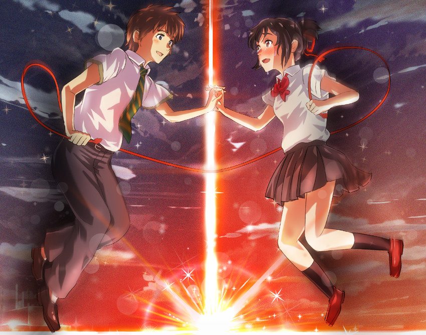 miyamizu mitsuha and tachibana taki (kimi no na wa.) drawn by kou_(aimai)