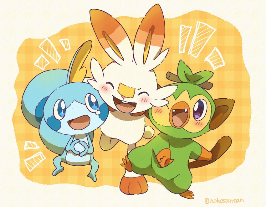 scorbunny, sobble, and grookey (pokemon) drawn by roku_(rokkrn)