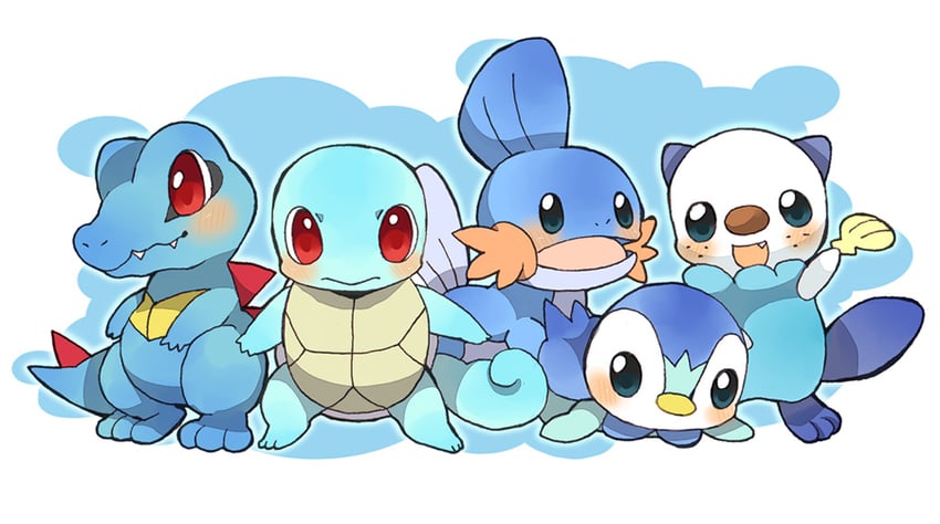 piplup, oshawott, squirtle, mudkip, and totodile (pokemon) drawn by moka-momaka