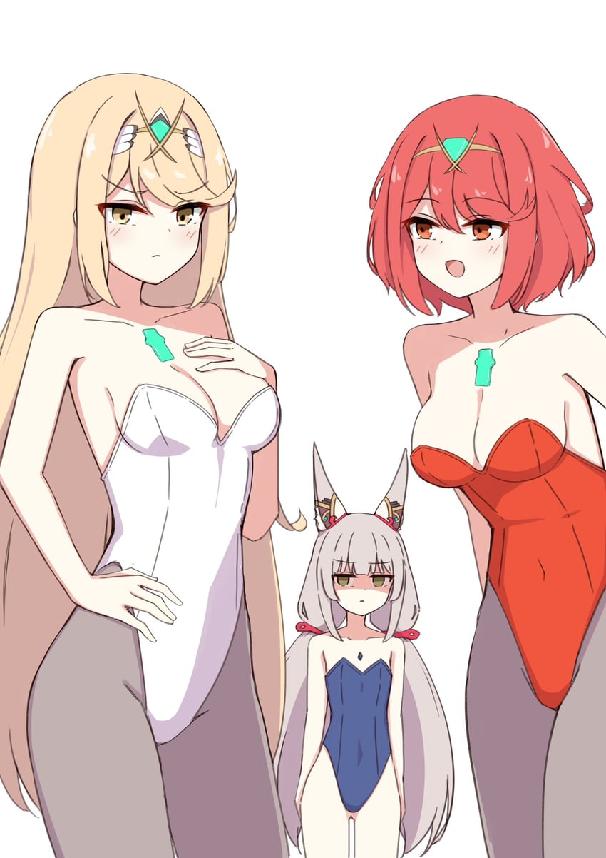 pyra, mythra, and nia (xenoblade chronicles and 1 more) drawn by chirun0