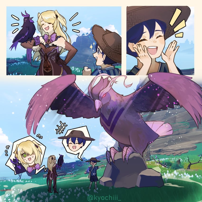 fischl, oz, ruu, and kanna kapatcir (genshin impact) drawn by kyochiii