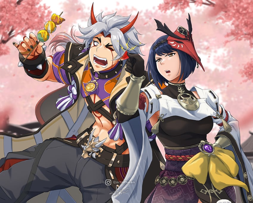 kujou sara and arataki itto (genshin impact) drawn by artofhuan