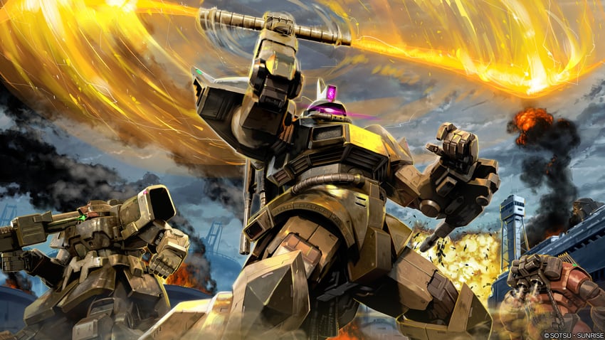 dom, gelgoog, dom tropen, and zogok (gundam and 3 more) drawn by tenjin_hidetaka